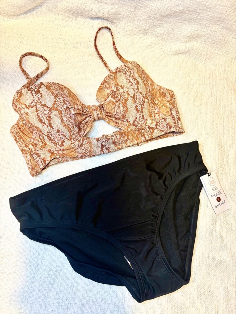 NEW ! Shade & Shore  Two-Piece Bikini Set with Snake Print Top and Black Bottoms
